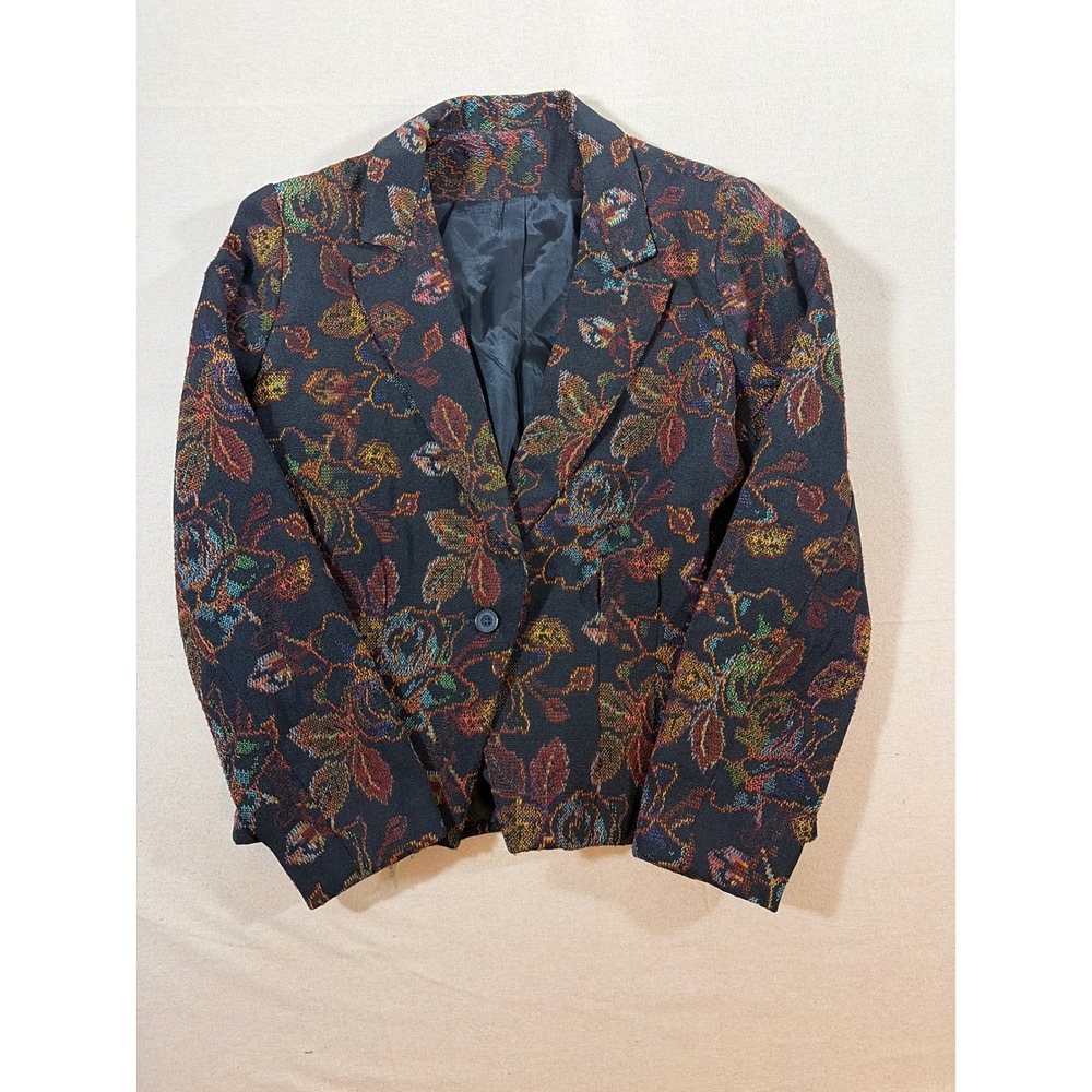 Vintage Paddle & Saddle Floral Tapestry Blazer Jacket Black Rust USA Made Sz Med